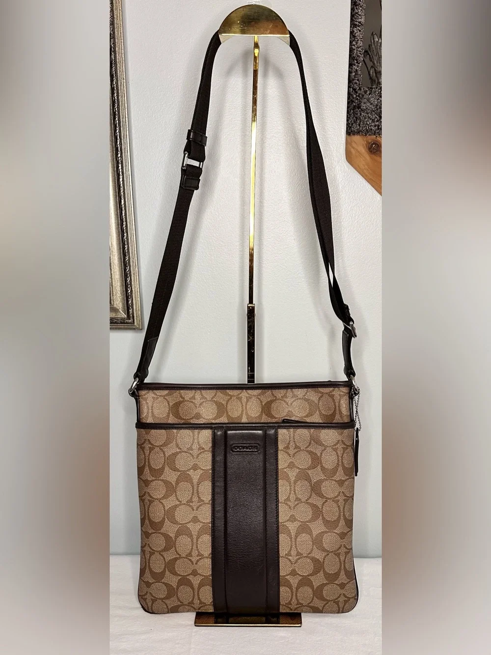 Coach Men's Signature Heritage Zip Top Crossbody Messenger Bag Brown